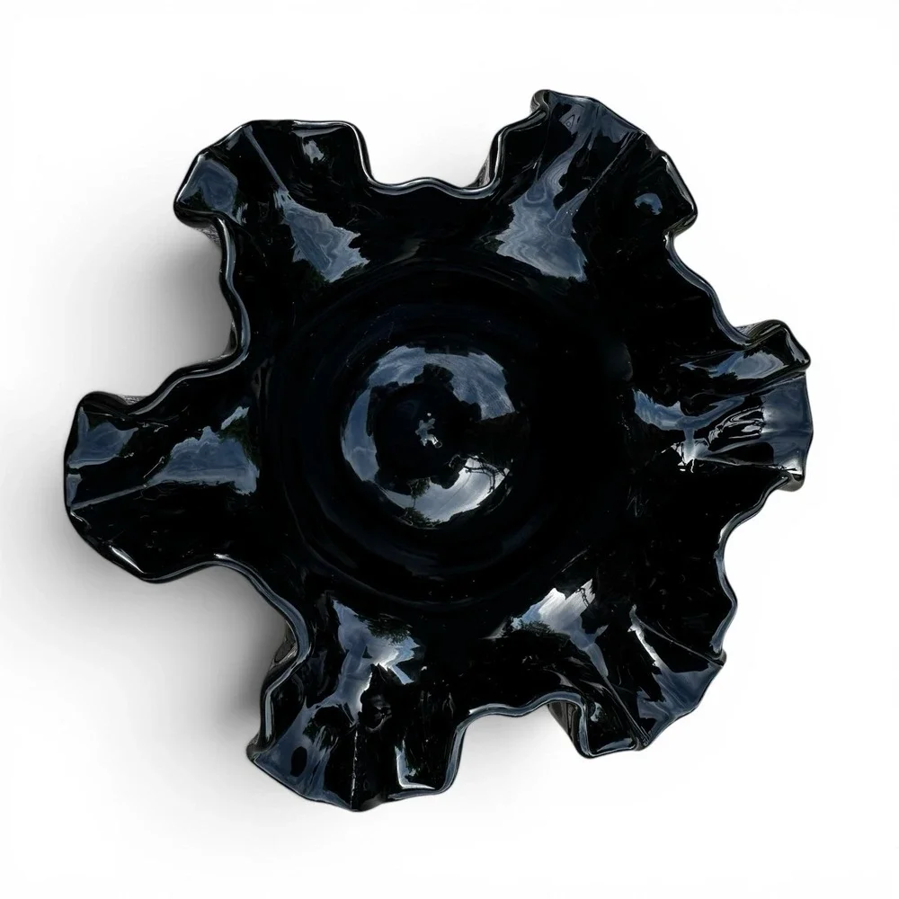 Vintage Fenton Black Glass Thumbprint Ruffle Bowl 6